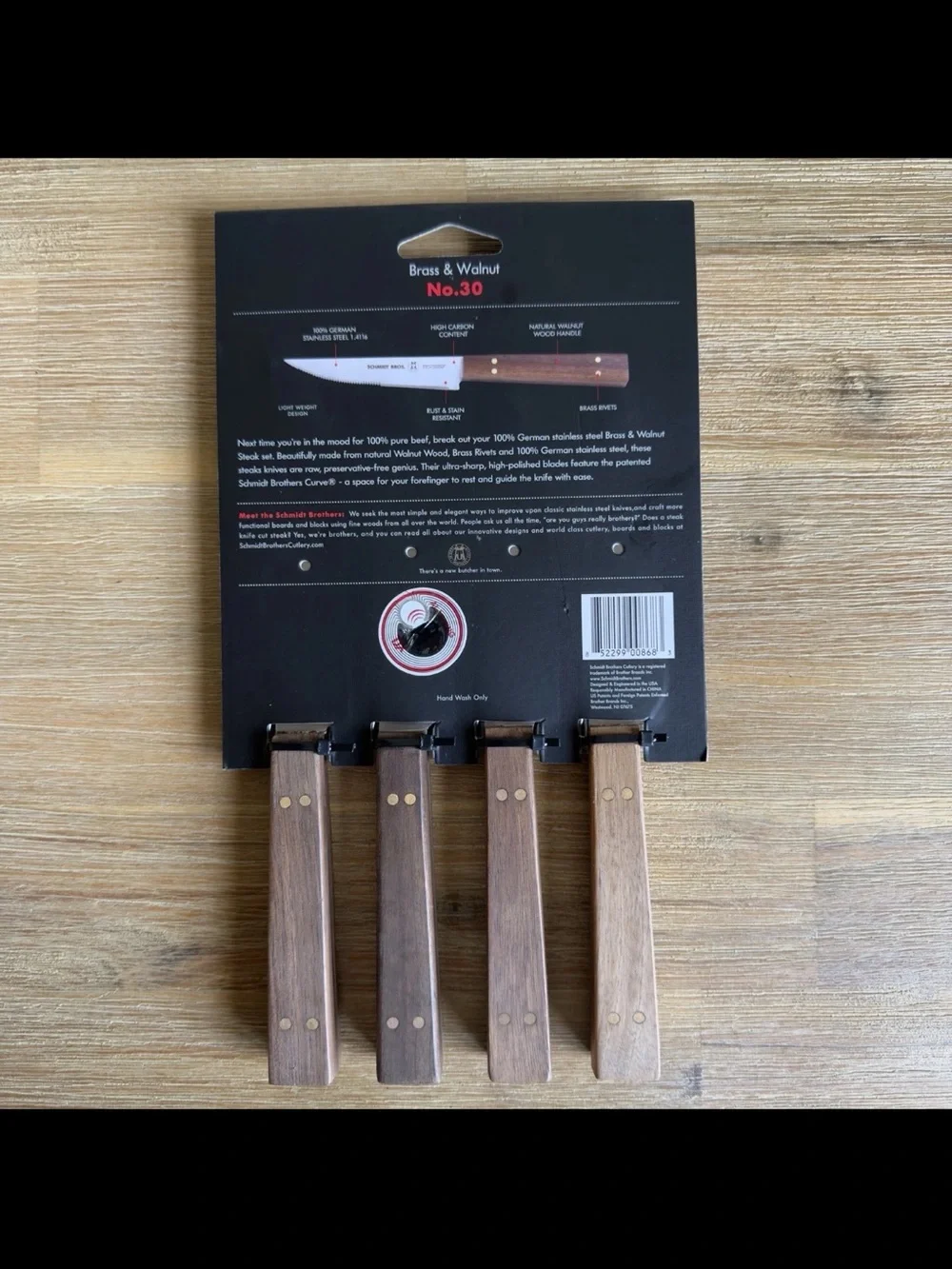 Schmidt Brothers German Stainless Steel Steak Knives 4 Piece Set Walnut Brass